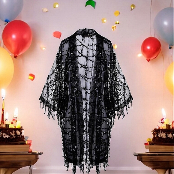 MICHELLE Sequins DUSTER Coverup One Size Fits Most BLACK Sparkle Shimmer Jacket - Picture 1 of 14